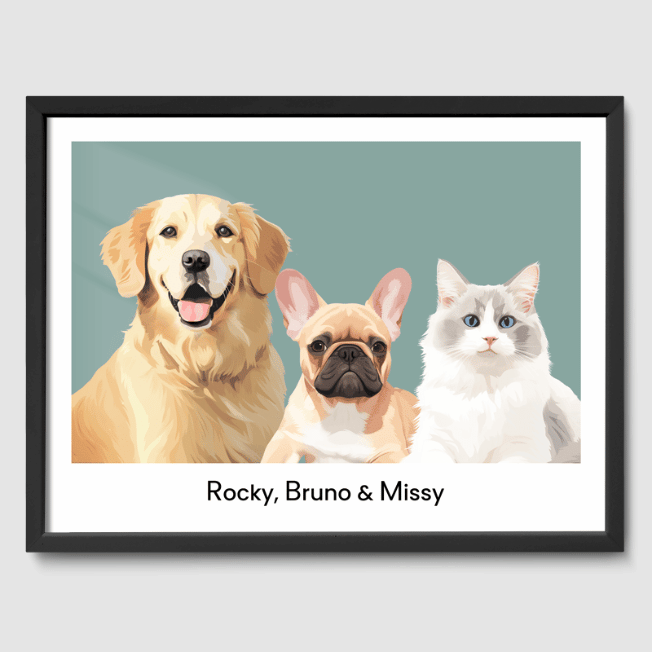 Modern 3 Pet Portrait  PetPortraits.com Sage Serenity 12" x 16" Poster - Black Frame