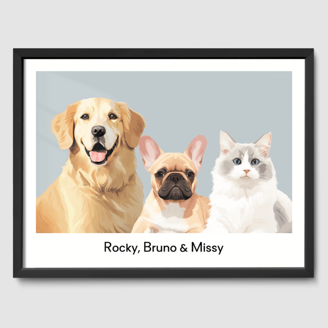 Modern 3 Pet Portrait  PetPortraits.com Soft Silver 12" x 16" Poster - Black Frame