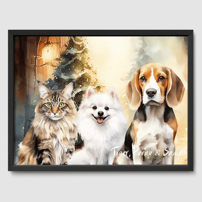 Watercolor 3 Pet Portrait  PetPortraits.com Christmas 12" x 16" Poster - Black Frame