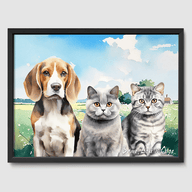 Watercolor Summer Meadow Poster One, Two or Three Pets Poster Three 12"x16" Black
