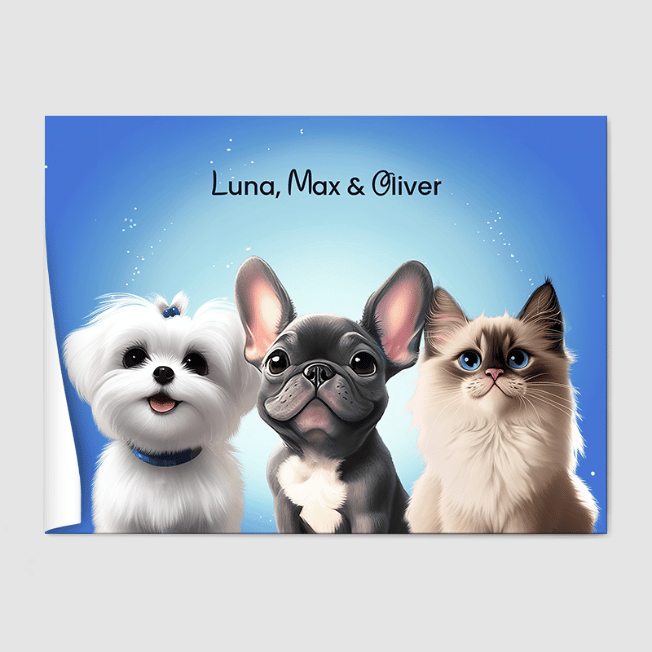 Cartoon Magical Blue Pet Portrait One, Two or Three Pets Poster Three 12"x16" Poster-Only