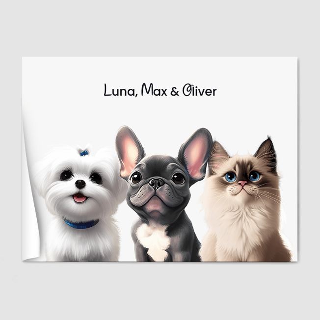 Cartoon Off White Poster One, Two or Three Pets Poster Three 12"x16" Poster-Only