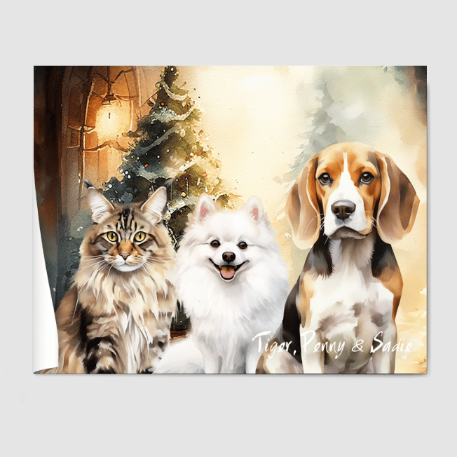 Watercolor 3 Pet Portrait  PetPortraits.com Christmas 12" x 16" Poster - Paper Only