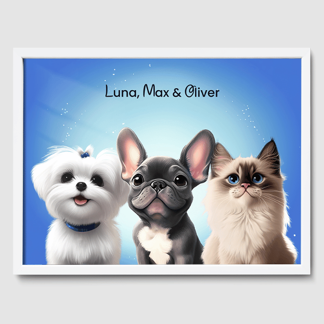 Cartoon Magical Blue Poster One, Two or Three Pets Poster Three 12"x16" White
