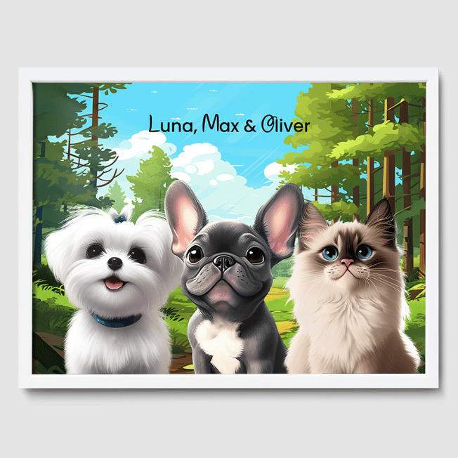 Cartoon Warm Woodland Poster One, Two or Three Pets Poster Three 12"x16" White