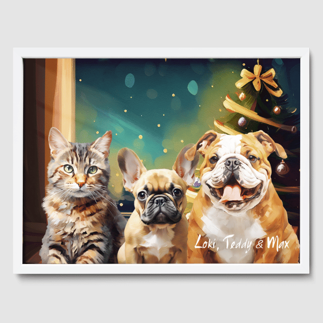 Classic 3 Pet Portrait  PetPortraits.com Christmas 12" x 16" Poster - White Frame