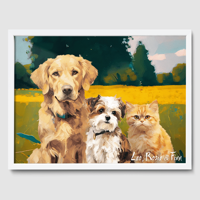 Classic Golden Meadow Poster One, Two or Three Pets Poster Three 12"x16" White