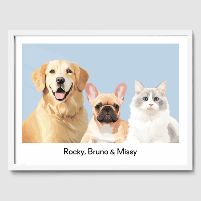 Modern 3 Pet Portrait  PetPortraits.com Baby Blue 12" x 16" Poster - White Frame