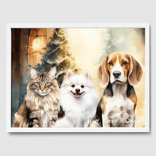 Watercolor 3 Pet Portrait  PetPortraits.com Christmas 12" x 16" Poster - White Frame