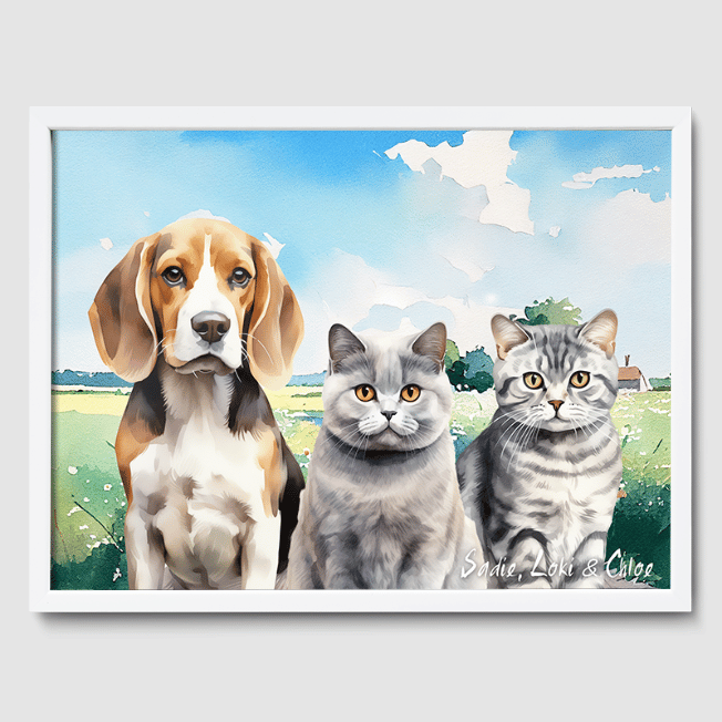 Watercolor Summer Meadow Poster One, Two or Three Pets Poster Three 12"x16" White