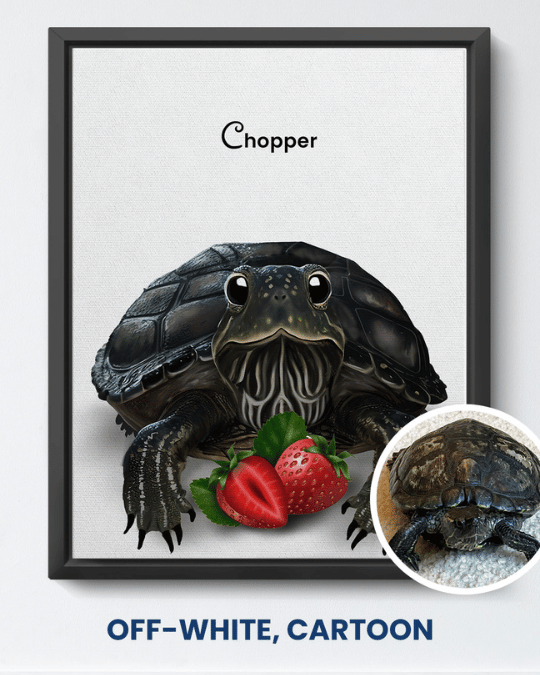 Off-White cartoon portrait of a turtle named Chopper