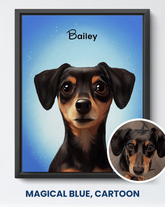 Magical Blue cartoon portrait of a black and tan dog named Bailey