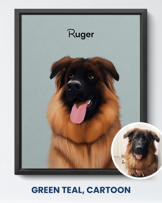 Green Teal cartoon portrait of a fluffy brown dog named Ruger