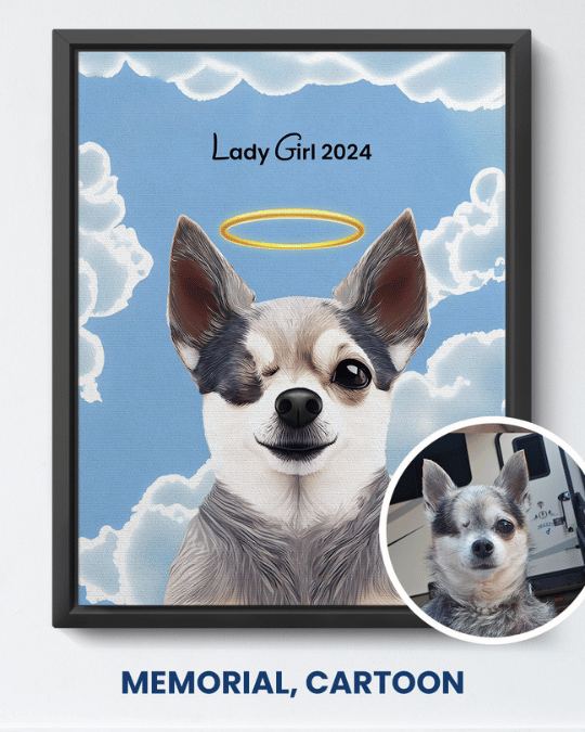 Memorial cartoon portrait of a small dog with a halo