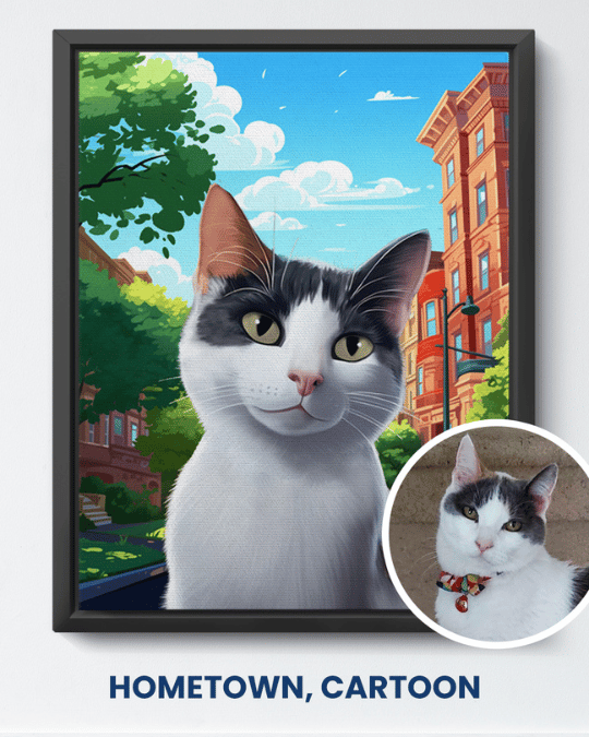 Hometown cartoon portrait of a black and white cat
