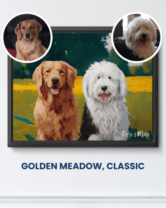 Golden Meadow classic portrait of a golden retriever and a white shaggy dog