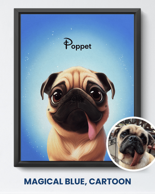 Magical Blue cartoon portrait of a pug named Poppet