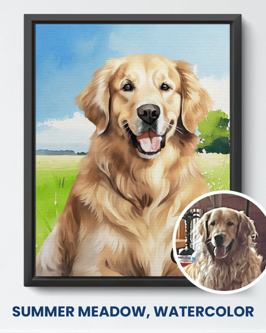 Summer Meadow watercolor portrait of a golden retriever