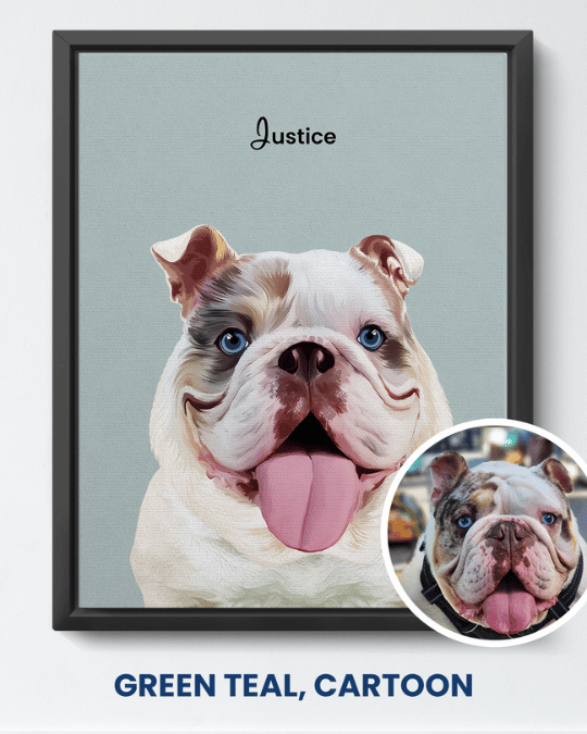 Green Teal cartoon portrait of a bulldog named Justice