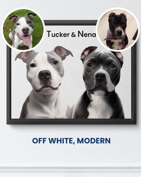 Off White modern portrait of two dogs named Tucker and Nena