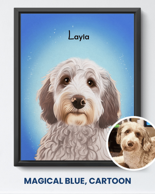 Magical Blue cartoon portrait of a shaggy dog named Layla
