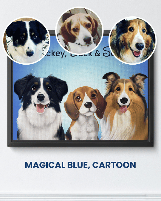 Magical Blue cartoon portrait of three dogs
