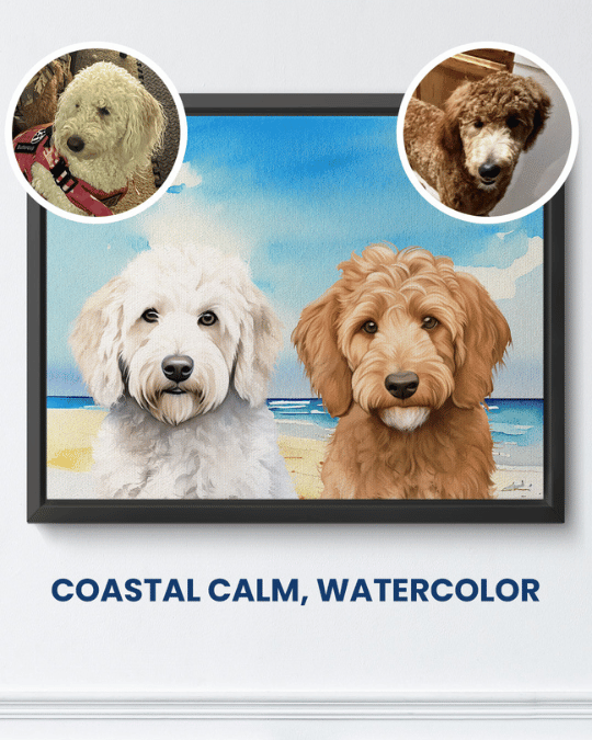 Coastal Calm watercolor portrait of two doodle dogs