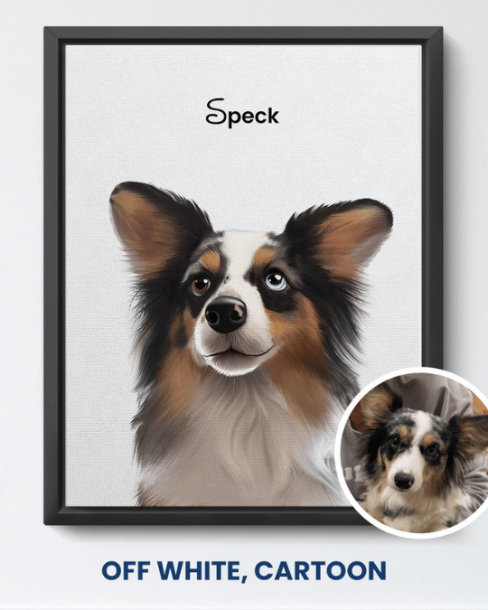 Off White cartoon portrait of a dog named Speck