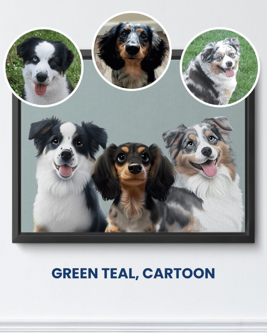 Green Teal cartoon portrait of three dogs