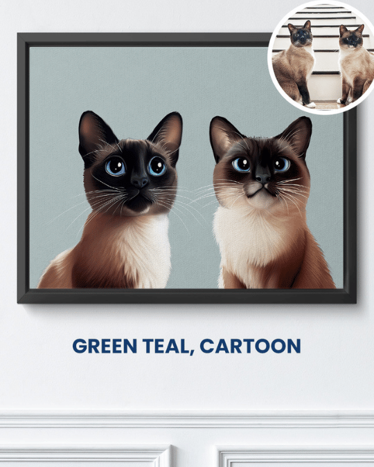 Green Teal cartoon portrait of two Siamese cats