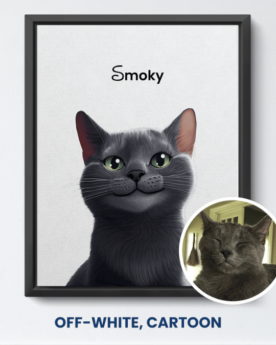 Off-White cartoon portrait of a gray cat named Smoky