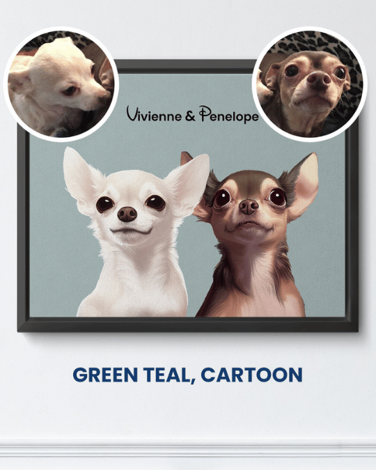 Green Teal cartoon portrait of two Chihuahuas