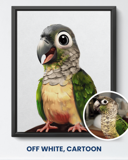 Off White cartoon portrait of a green parrot