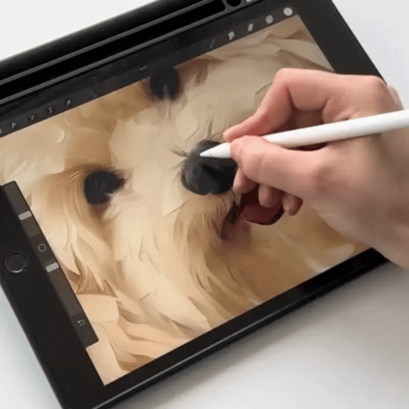 Artist drawing a pet portrait by hand on a tablet
