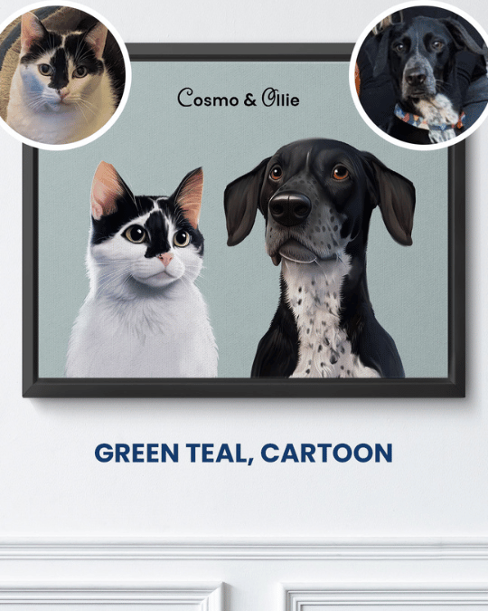 Green Teal cartoon portrait of a cat and a dog