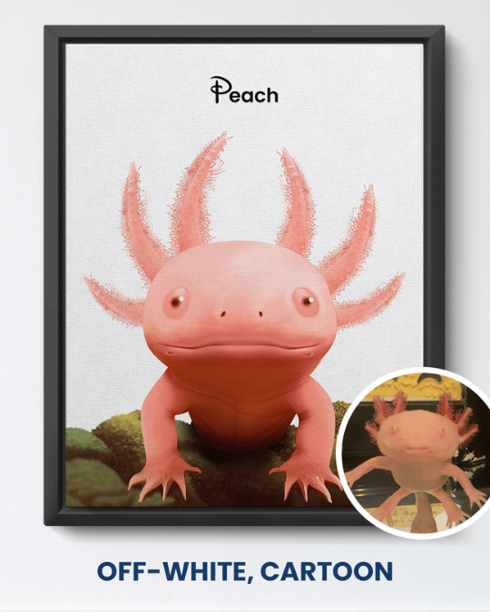 Off-White cartoon portrait of a pink axolotl named Peach
