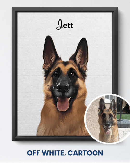 Off White cartoon portrait of a German Shepherd named Jett