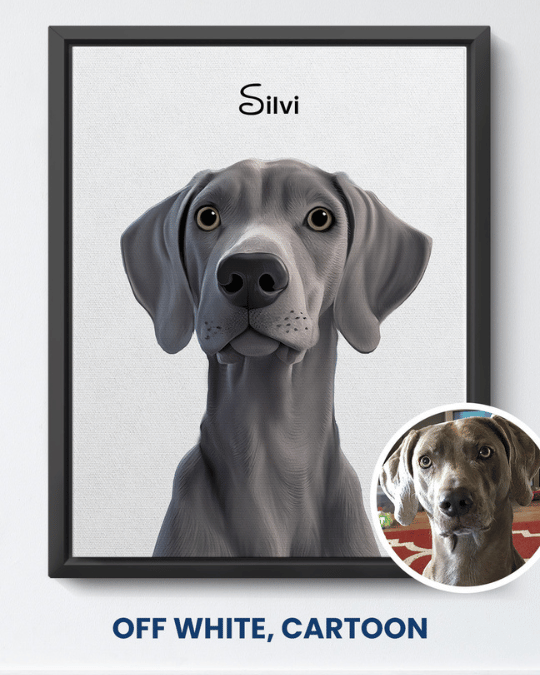 Off White cartoon portrait of a Weimaraner named Silvi