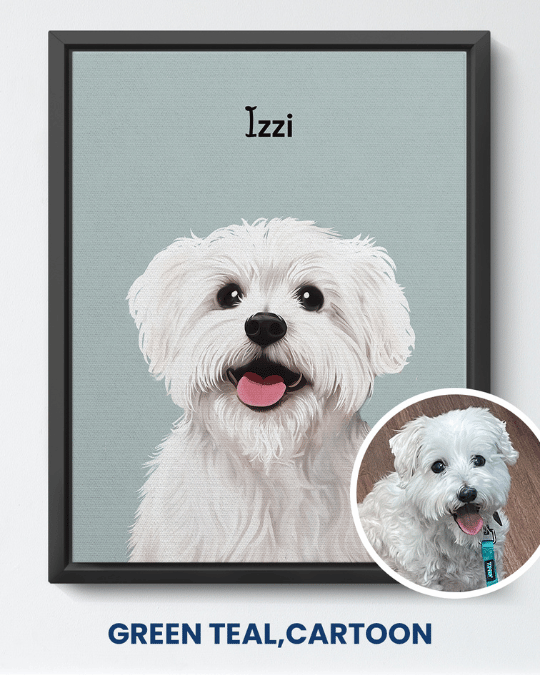 Green Teal cartoon portrait of a small white dog named Izzi