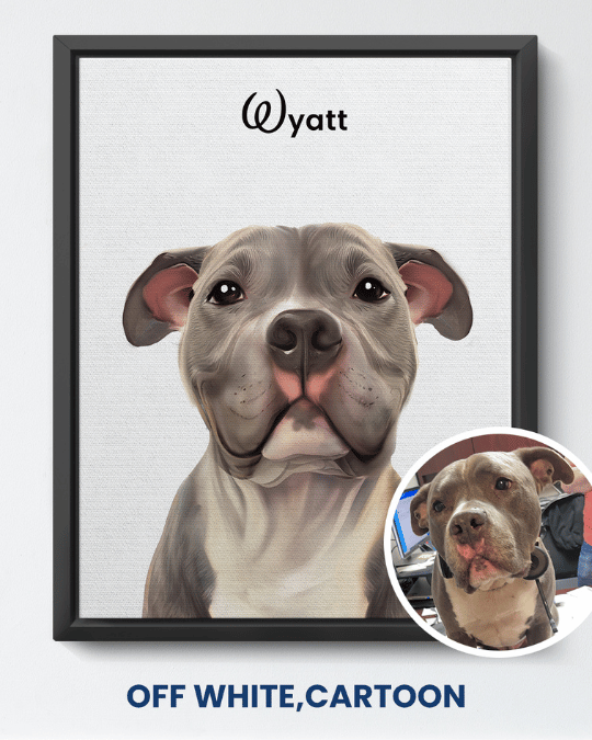 Off White cartoon portrait of a gray dog named Wyatt