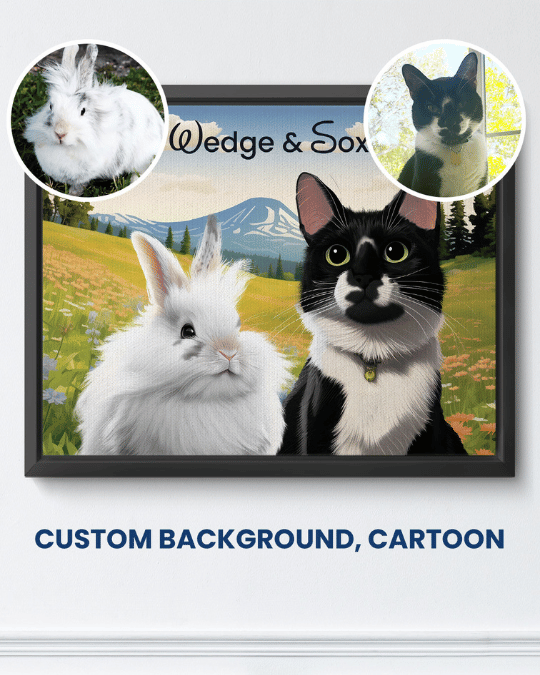 Cartoon portrait of a white rabbit and a black and white cat on a custom background