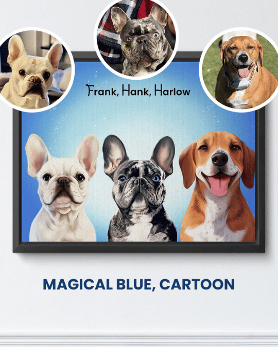 Magical Blue cartoon portrait of two French bulldogs and a beagle