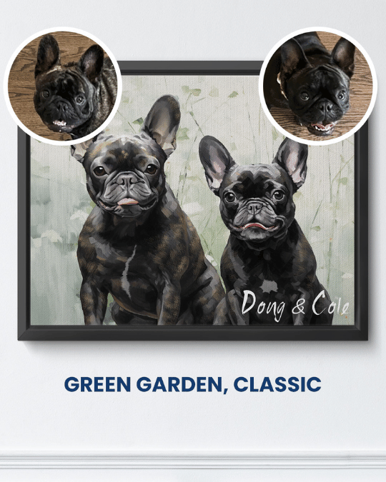 Green Garden classic portrait of two black French bulldogs