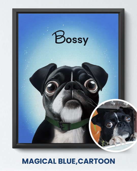 Magical Blue cartoon portrait of a black dog named Bossy