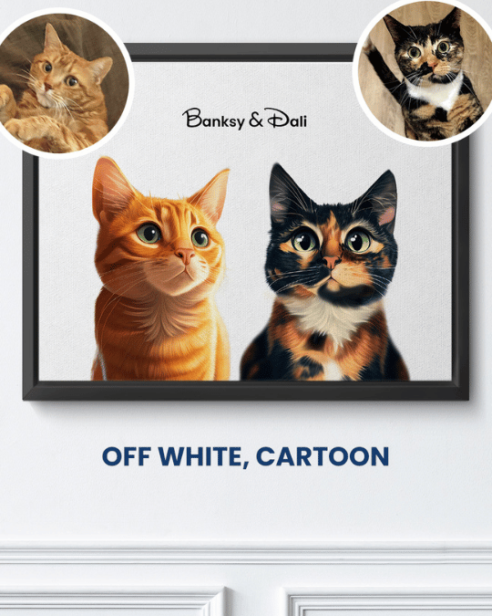 Off White cartoon portrait of an orange cat and a tortoiseshell cat