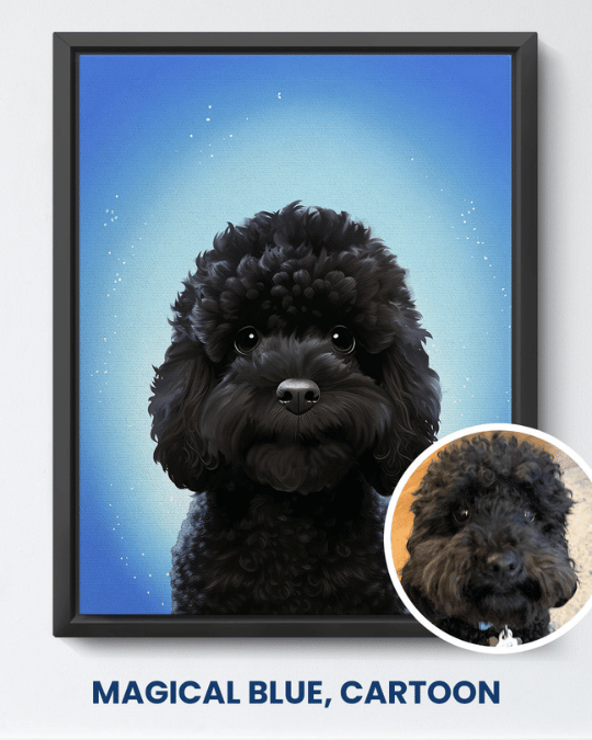 Magical Blue cartoon portrait of a black curly-haired dog