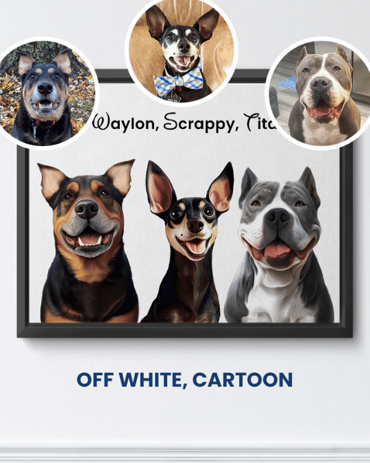 Off White cartoon portrait of three dogs