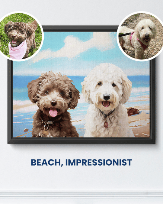 Beach impressionist portrait of two doodle dogs