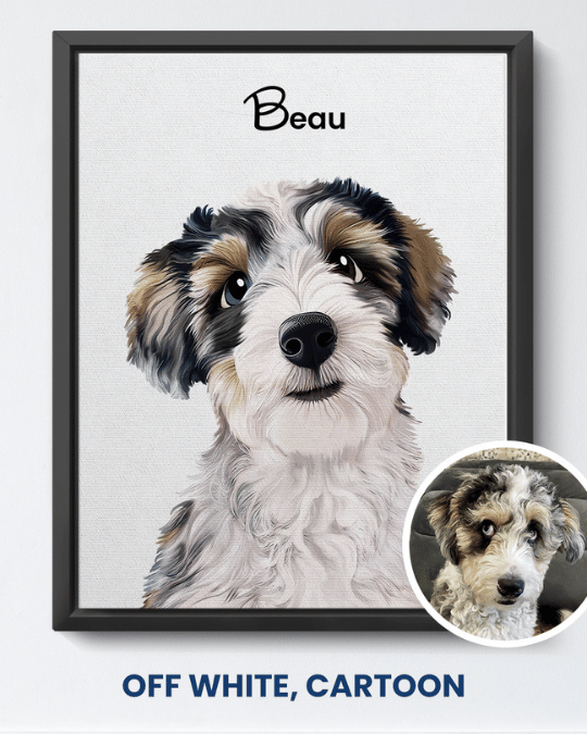 Off White cartoon portrait of a shaggy black and white dog named Beau