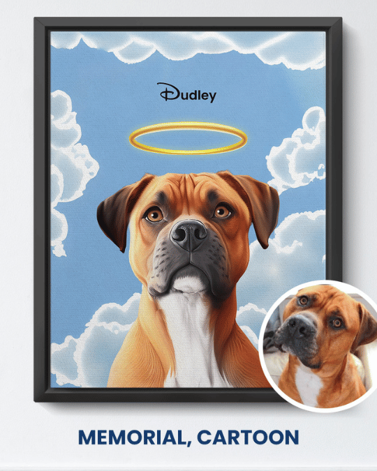 Memorial cartoon portrait of a boxer named Dudley with a halo